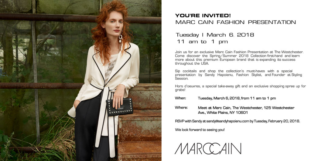 RSVP for Marc Cain fashion show. Hosted by Stylist, Sandy Hapoienu at The Westchester