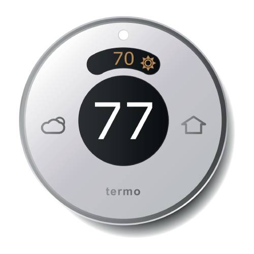 A smart thermostat shows the temperature outside registering at 70 degrees while showing 77 degrees inside the home.