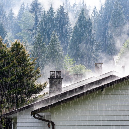 On a sunny day, heavy rain falls on the rooftops of homes in a densely wooded area. Steam floats up from the rooftops.