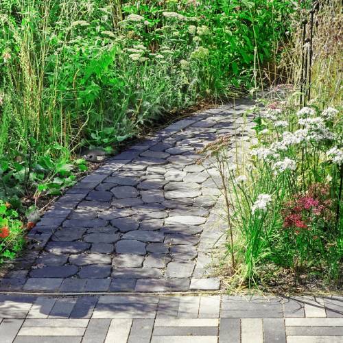 A short path of round stone pavers outlined with square pavers, white flowers, and greenery on both sides.