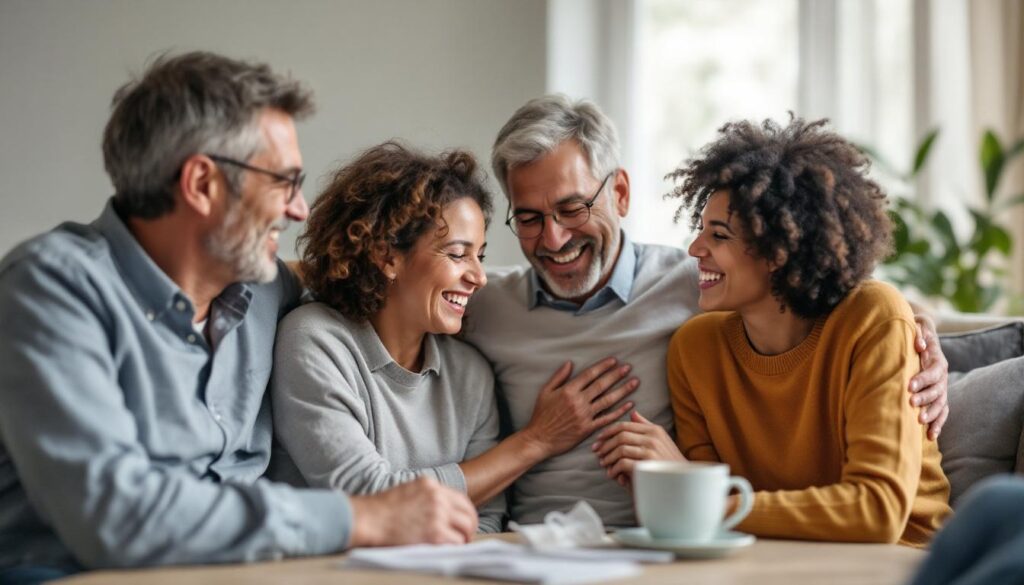 a photograph of a warm and intimate family gathering, showcasing moments of connection and support, such as a family member offering a comforting embrace or sharing a laugh, to visually convey the essential role of family in the recovery process, photographic, realistic, for a startup's blog, low saturation, life-like realistic soft lighting 4k sigma 50mm f2.8