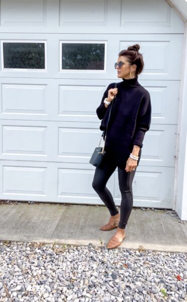 Woman wearing Spanx leggings styled with a chic everyday outfit showing a smooth flattering fit