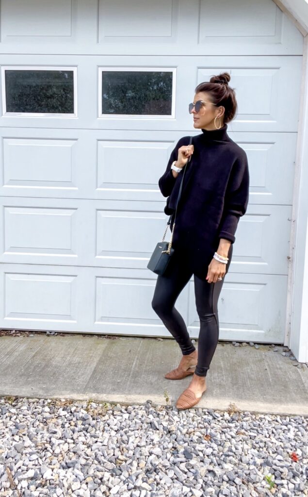 Woman wearing Spanx leggings styled with a chic everyday outfit showing a smooth flattering fit
