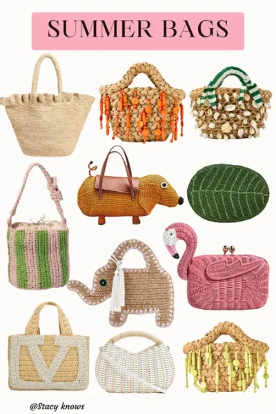 Collection of unique summer handbags featuring straw totes, woven and crochet bags, novelty purses shaped like animals including a dachshund, flamingo, and elephant, plus colorful beaded and leaf-shaped clutches perfect for summer fashion trends.