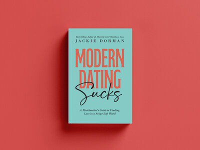Book cover of "Modern Dating Sucks" by Jackie Dorman on a coral background about modern dating and relationships