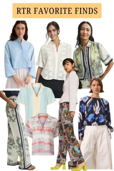 Rent the Runway spring fashion collage with designer tops, patterned pants, and stylish outfit ideas for spring weddings and everyday wear