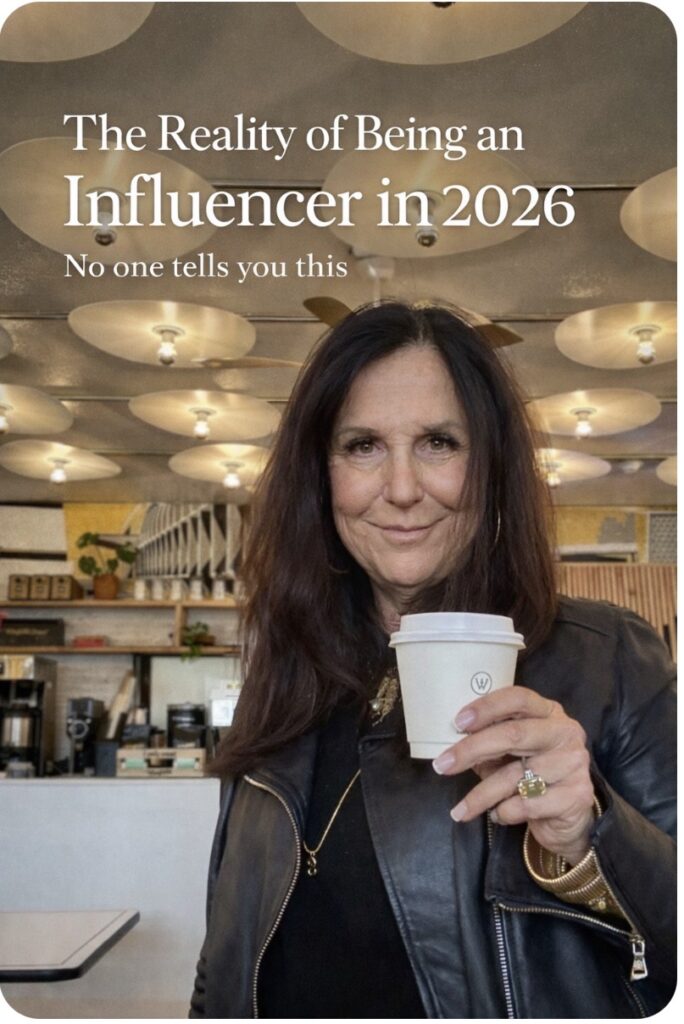 Stacy Knows holding a coffee in a stylish cafe talking about the reality of being an influencer in 2026