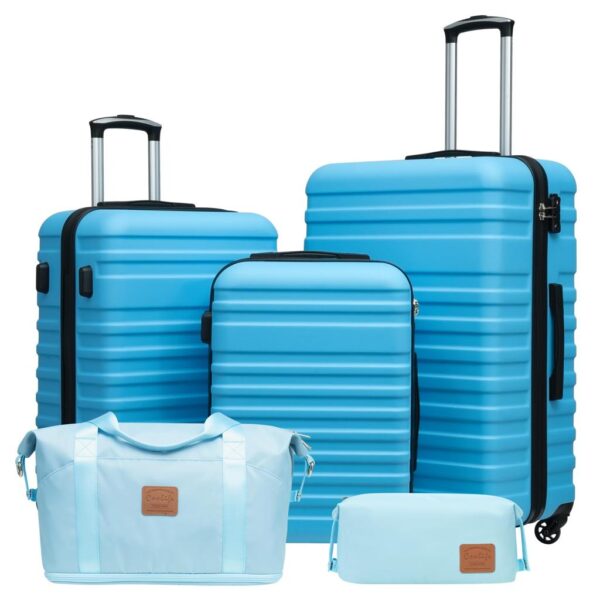 Light blue hard shell spinner luggage by Coolife with four wheels and telescopic handle, shown in a clean travel setting, sleek and modern carry on suitcase suitable for airport travel