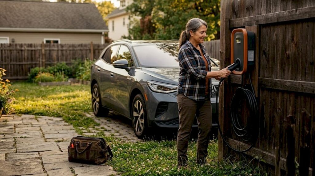 Homeowner inspecting EV charger installation
