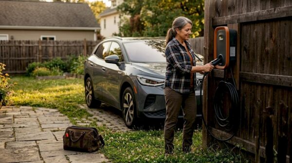 Homeowner inspecting EV charger installation
