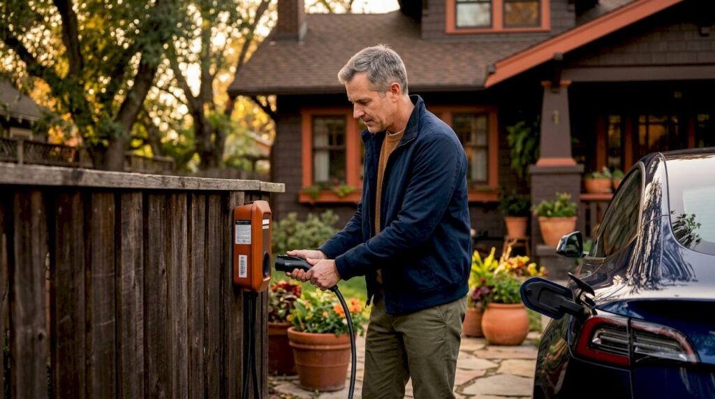 Man charging EV in suburban driveway