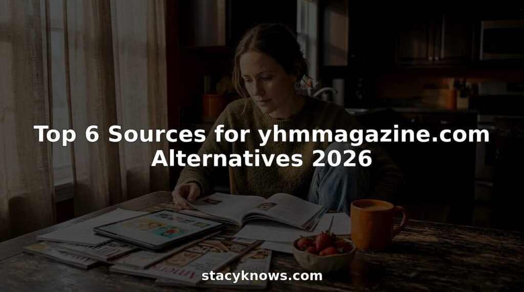 Woman comparing lifestyle magazines at kitchen table