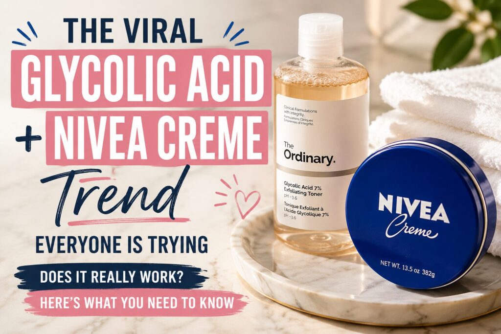 Glycolic acid toner and Nivea Creme skincare products styled on a marble tray for a viral beauty trend