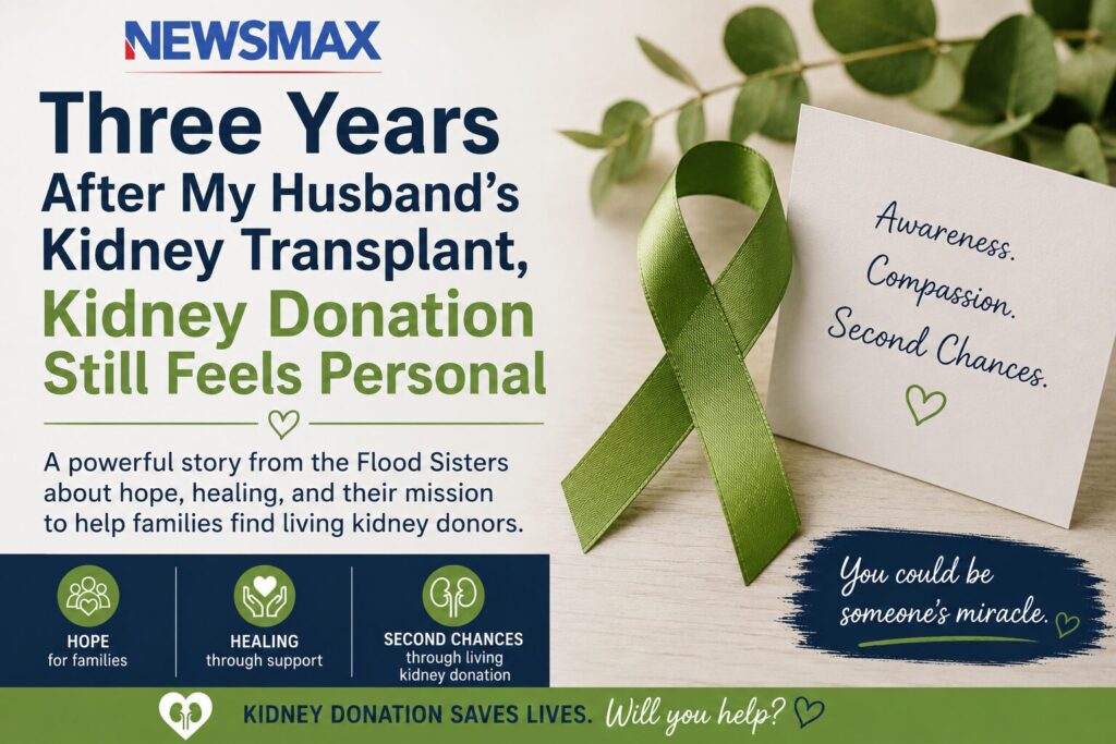 Green kidney donation awareness ribbon beside a message about hope and healing for families affected by kidney transplants and living donor awareness.