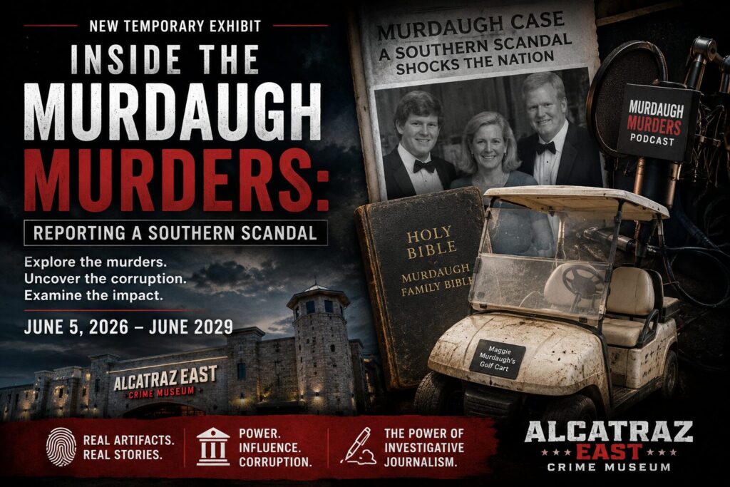 Promotional graphic for the Inside the Murdaugh Murders exhibit at Alcatraz East Crime Museum featuring crime scene imagery, podcast equipment, a golf cart, and Murdaugh family artifacts.