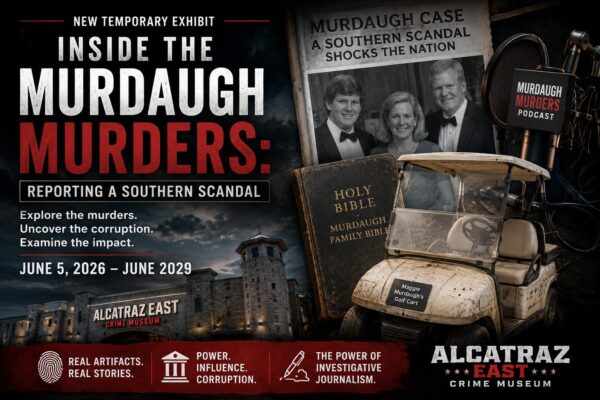 Promotional graphic for the Inside the Murdaugh Murders exhibit at Alcatraz East Crime Museum featuring crime scene imagery, podcast equipment, a golf cart, and Murdaugh family artifacts.