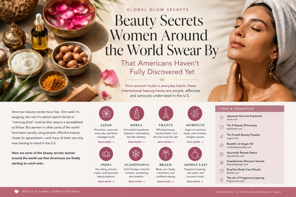 Woman enjoying a luxury spa-inspired skincare ritual surrounded by global beauty ingredients including argan oil, turmeric, rose petals, and creams representing beauty secrets from around the world.