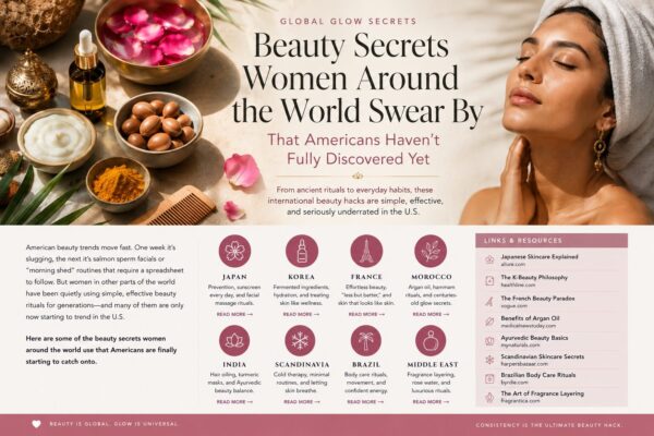 Woman enjoying a luxury spa-inspired skincare ritual surrounded by global beauty ingredients including argan oil, turmeric, rose petals, and creams representing beauty secrets from around the world.