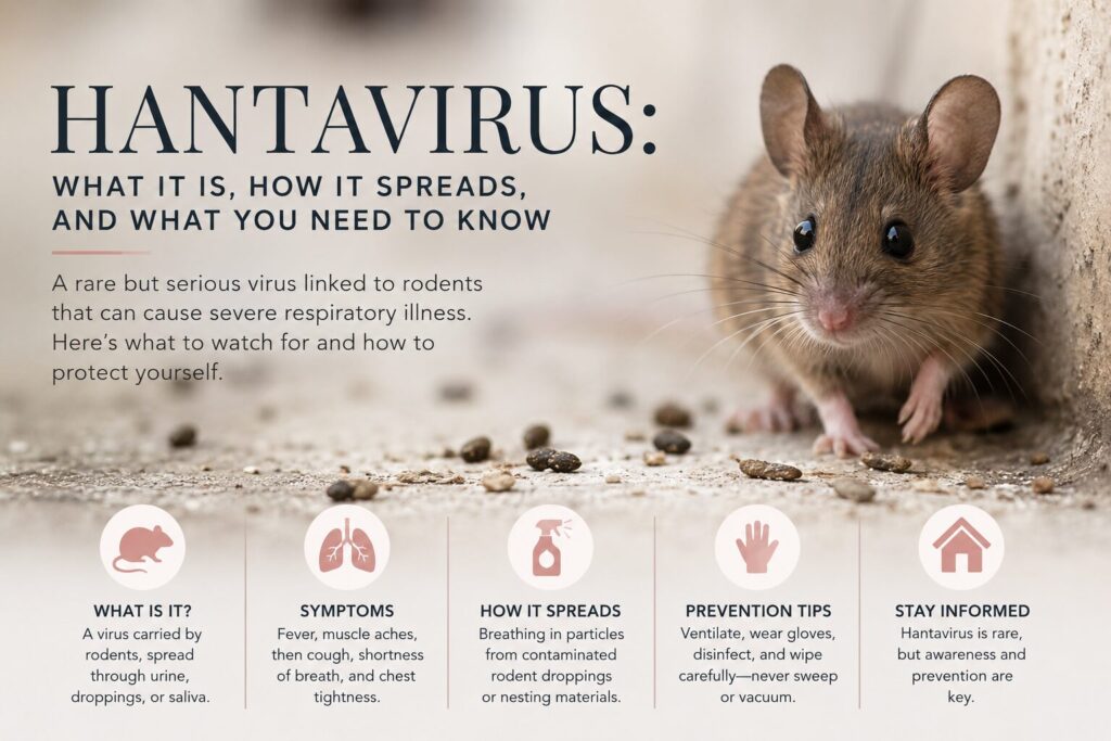 A close-up image of a brown mouse standing near scattered droppings beside large editorial text reading “Hantavirus: What It Is, How It Spreads, and What You Need to Know,” with infographic icons explaining symptoms, transmission, prevention tips, and safety information.