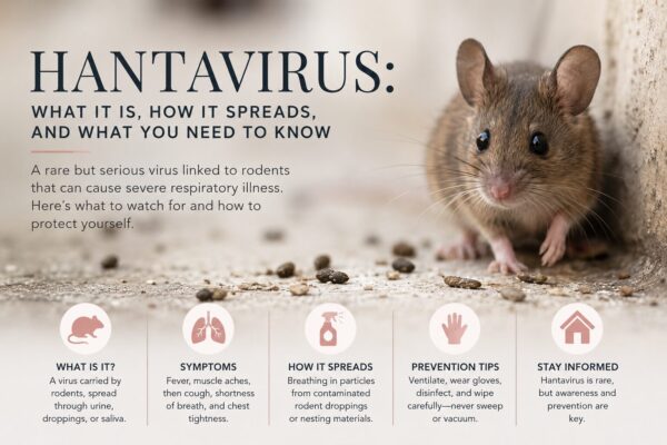 A close-up image of a brown mouse standing near scattered droppings beside large editorial text reading “Hantavirus: What It Is, How It Spreads, and What You Need to Know,” with infographic icons explaining symptoms, transmission, prevention tips, and safety information.