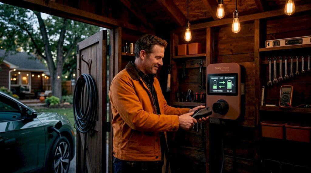 EV connected to bidirectional home charger in garage