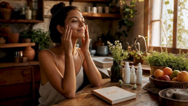 Woman applying peptide cream at vanity