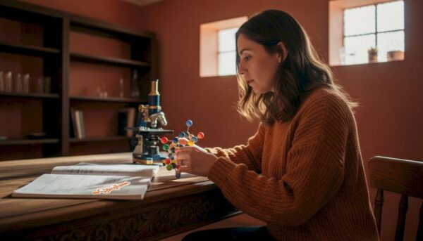 Scientist examining peptide model in lab