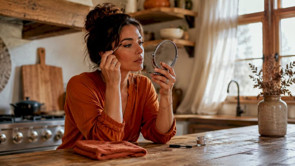 Woman examining thinning eyebrows in mirror