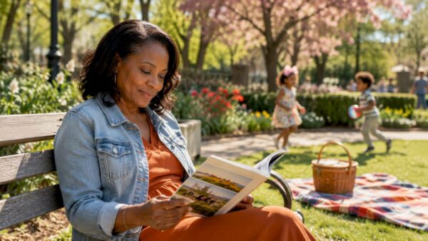 Woman browsing Westchester lifestyle guide outdoors
