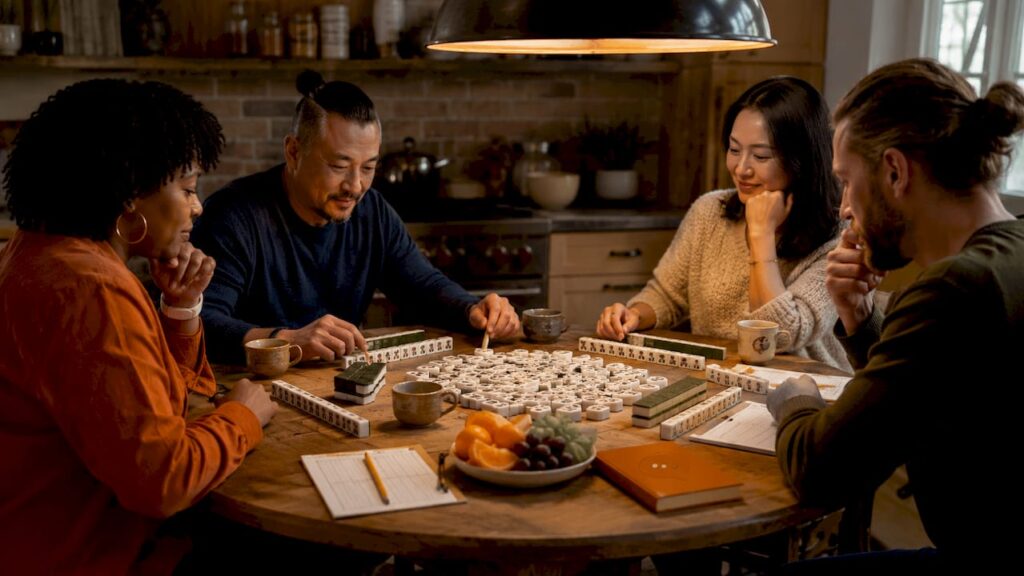 Four players playing Mahjong around a table