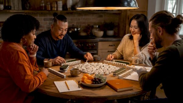 Four players playing Mahjong around a table