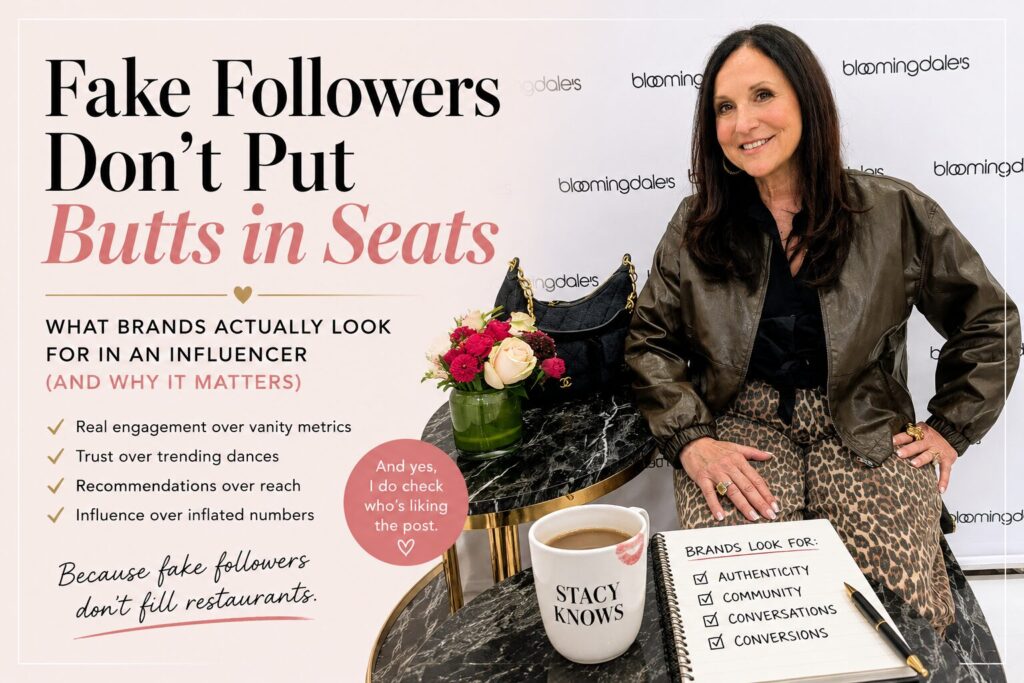Stylish lifestyle blogger seated at a black marble table beside flowers and a designer handbag, with bold text reading “Fake Followers Don’t Put Butts in Seats.” The graphic discusses what brands actually look for in influencers, including authenticity, community, conversations, and real engagement over vanity metrics.