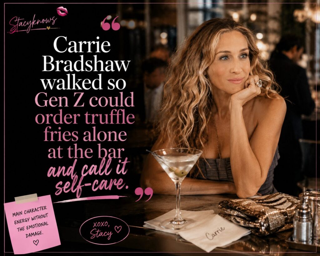 Carrie Bradshaw inspired solo dining meme about Gen Z and self-care
