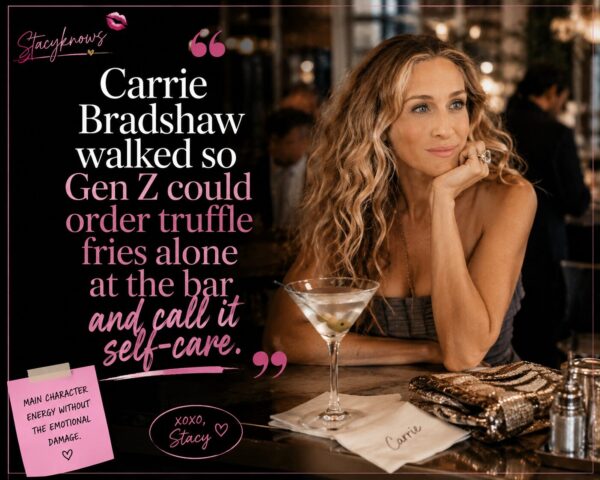 Carrie Bradshaw inspired solo dining meme about Gen Z and self-care