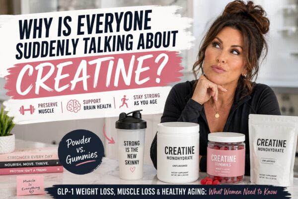 Featured image for a blog post about creatine and healthy aging. A stylish middle-aged brunette woman sits at a kitchen counter surrounded by creatine powder and gummy supplements, looking thoughtfully to the side. Large text reads “Why Is Everyone Suddenly Talking About Creatine?” Additional graphics mention preserving muscle, supporting brain health, and staying strong with age. The image also references GLP-1 weight loss, muscle loss, and the debate between creatine powder vs gummies.