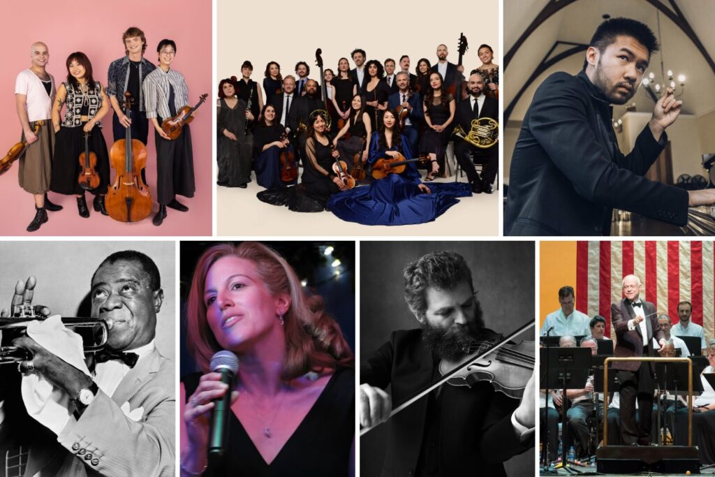 Collage of seven performers and ensembles from Caramoor's America at 250 concert series: the Poiesis Quartet (top left), The Knights orchestra (top center), pianist Conrad Tao (top right), Louis Armstrong (bottom left), vocalist MaryKay Messenger (bottom center left), violinist Johnny Gandelsman (bottom center right), and the Westchester Symphonic Winds (bottom right).