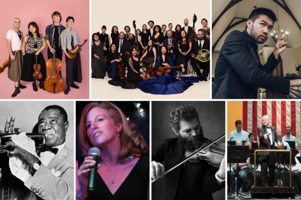 Collage of seven performers and ensembles from Caramoor's America at 250 concert series: the Poiesis Quartet (top left), The Knights orchestra (top center), pianist Conrad Tao (top right), Louis Armstrong (bottom left), vocalist MaryKay Messenger (bottom center left), violinist Johnny Gandelsman (bottom center right), and the Westchester Symphonic Winds (bottom right).