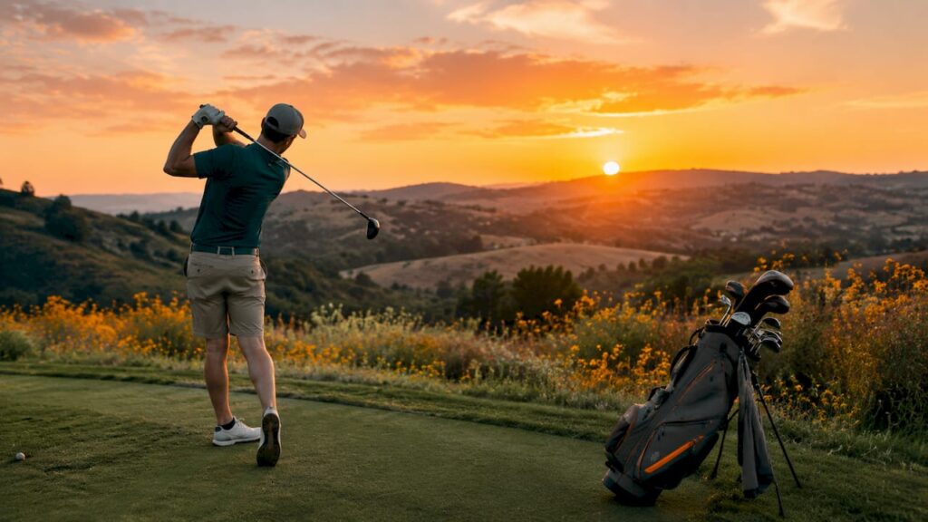 Golfer practicing swing on driving range