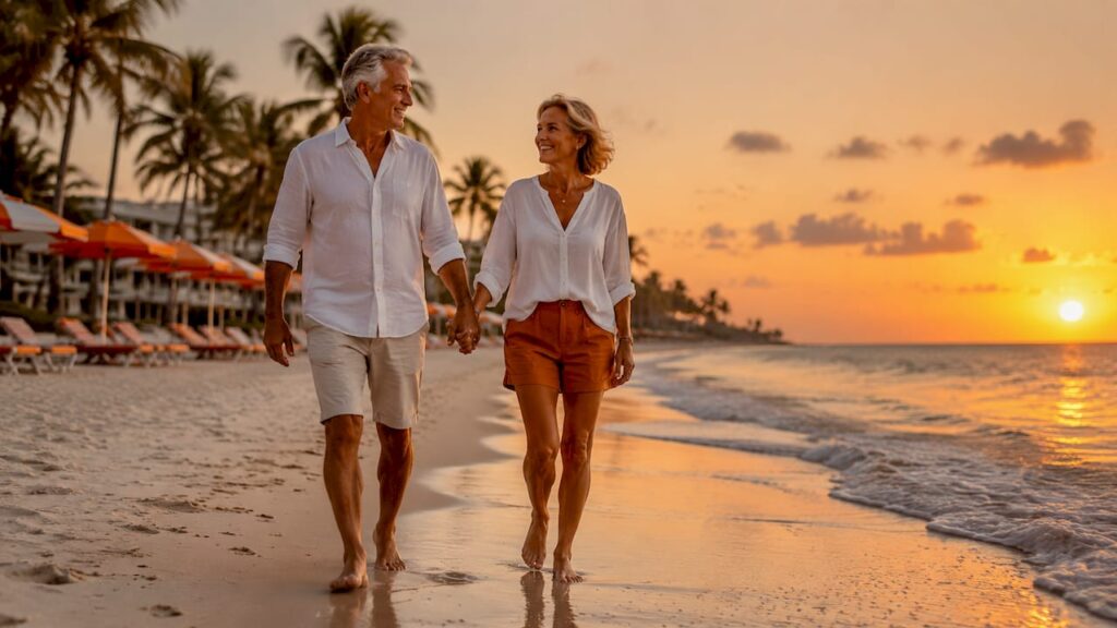 Couple strolling on Palm Beach at sunrise