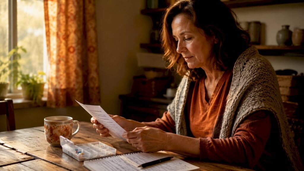Woman reading GLP-1 medication instructions at home table