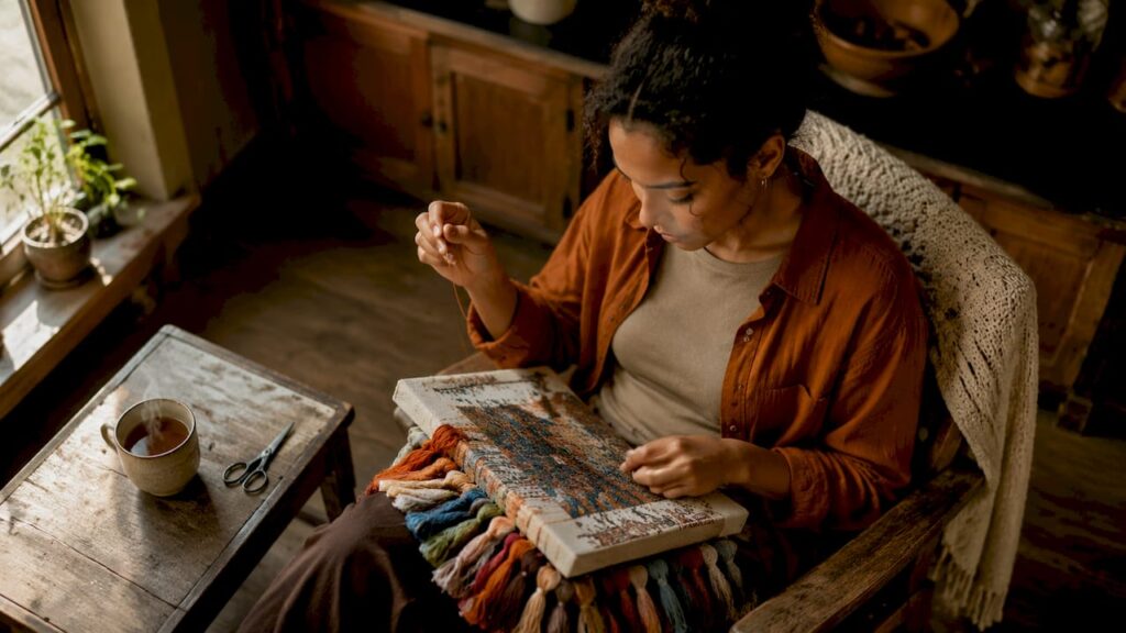 Young woman threading needle for needlepoint