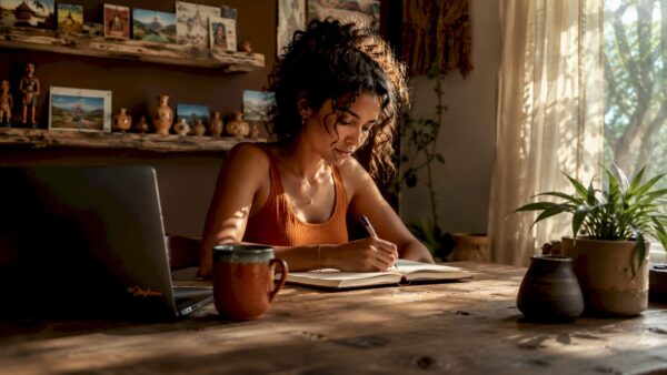 Travel blogger working at home office