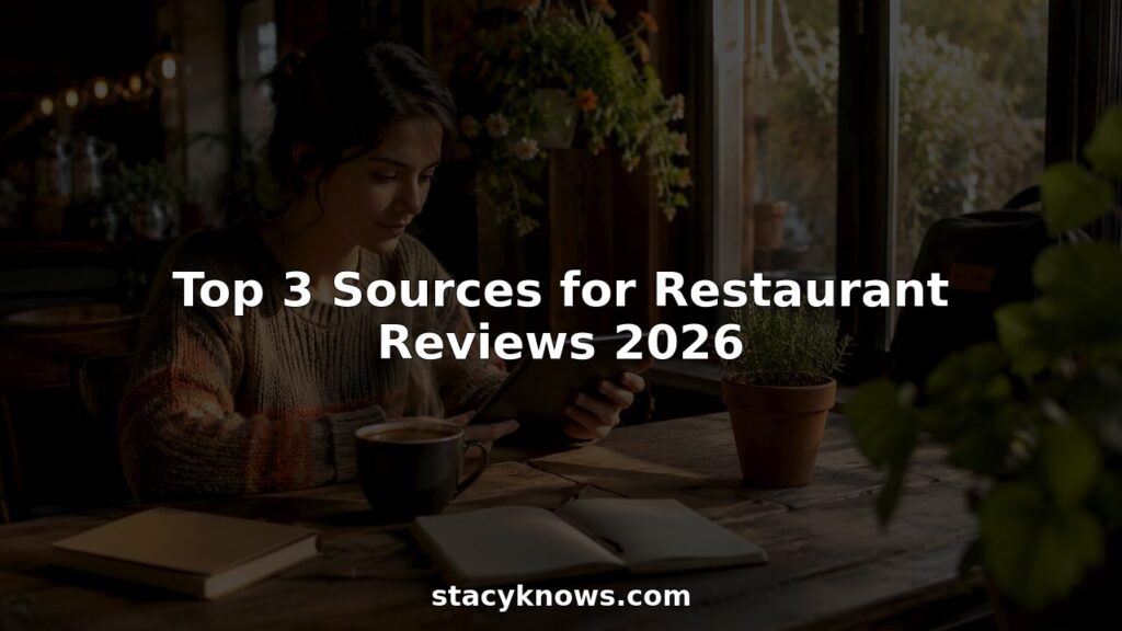 Woman browsing restaurant reviews on tablet in café