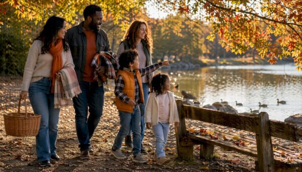 Family walking on Westchester park trail in autumn