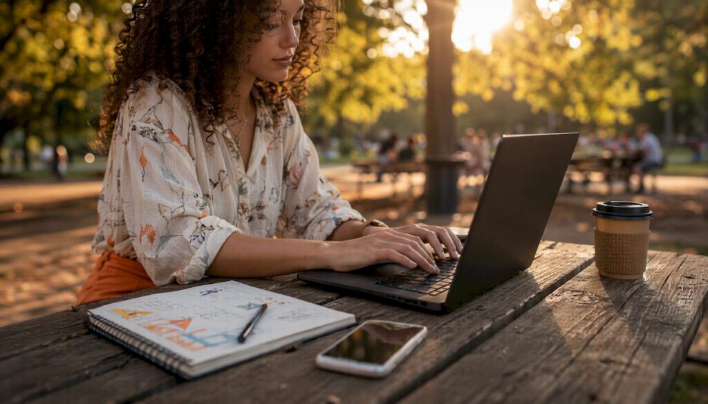 Marketer typing laptop in café with coffee and notes