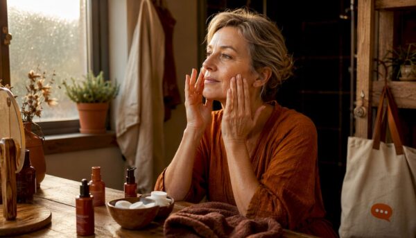 Mature woman applying skincare serum