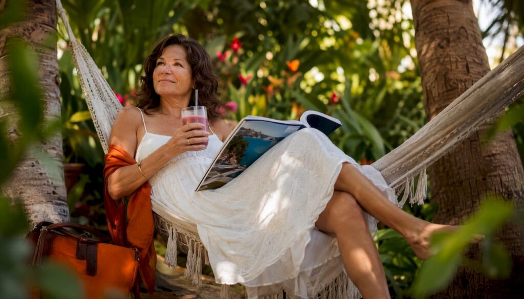 Woman relaxing in luxury tropical beachfront cabana