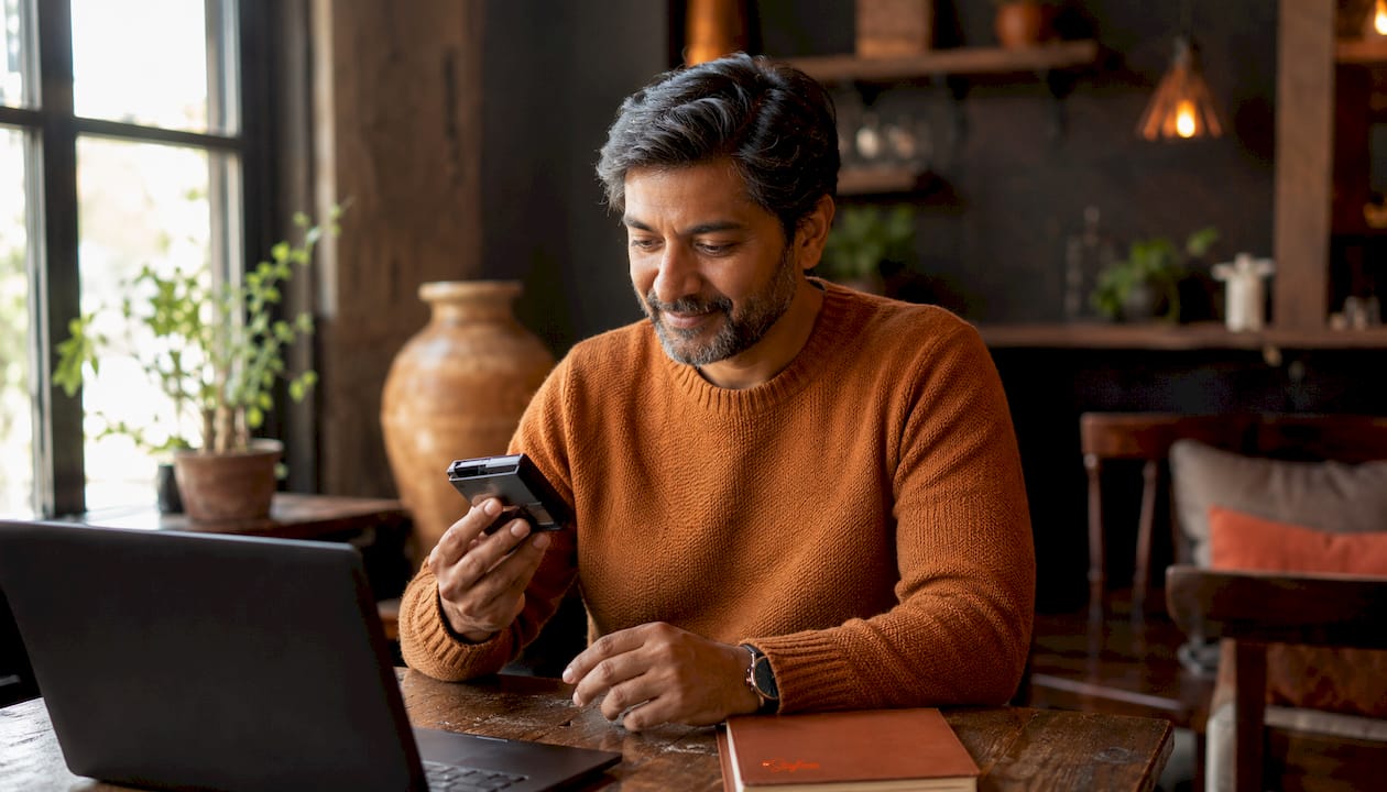 Man examining trending tech gadgets at kitchen counter