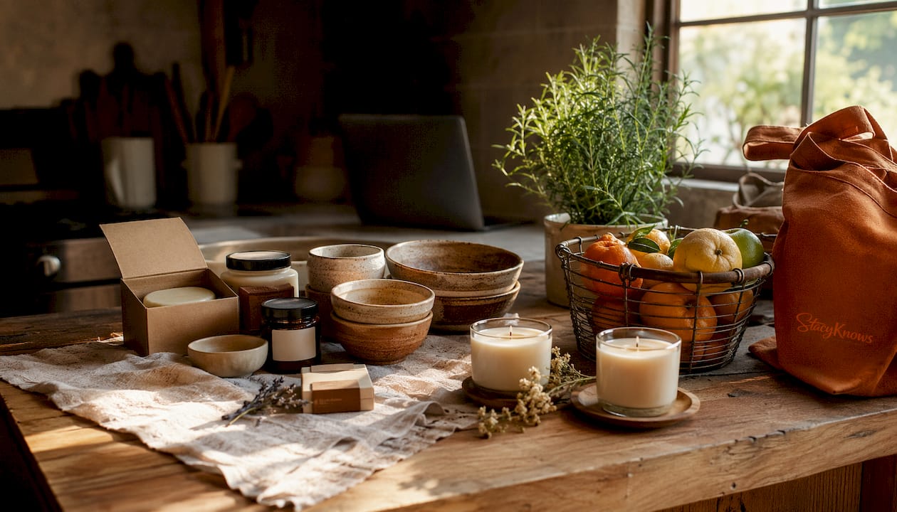 Flat lay of artisan niche shopping finds on wooden table