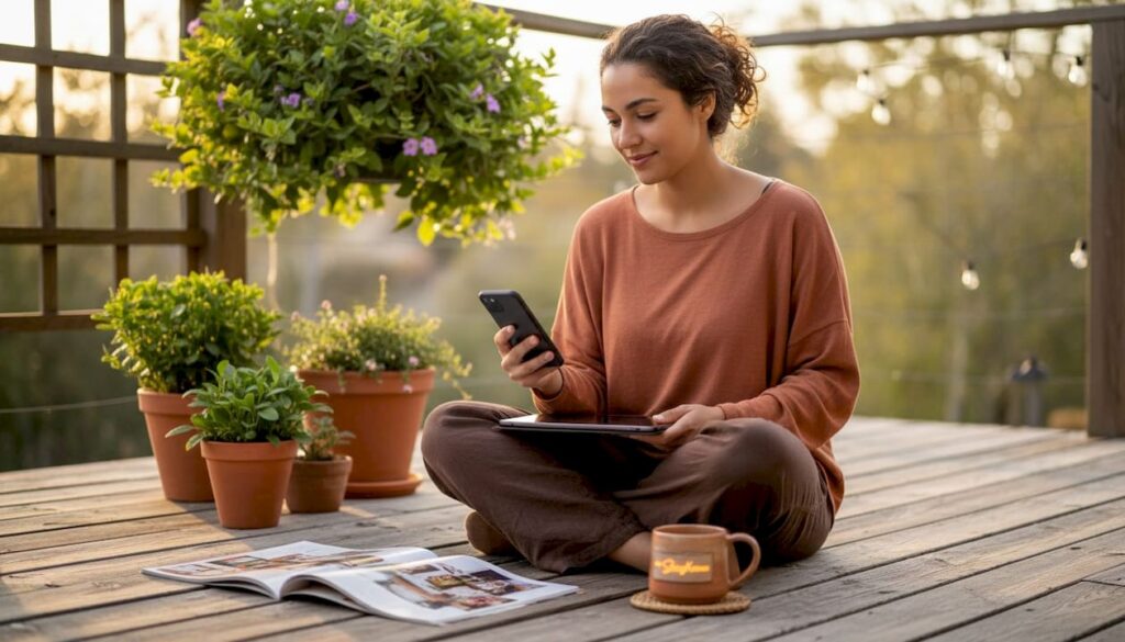 Young woman discovering shopping deals on mobile devices
